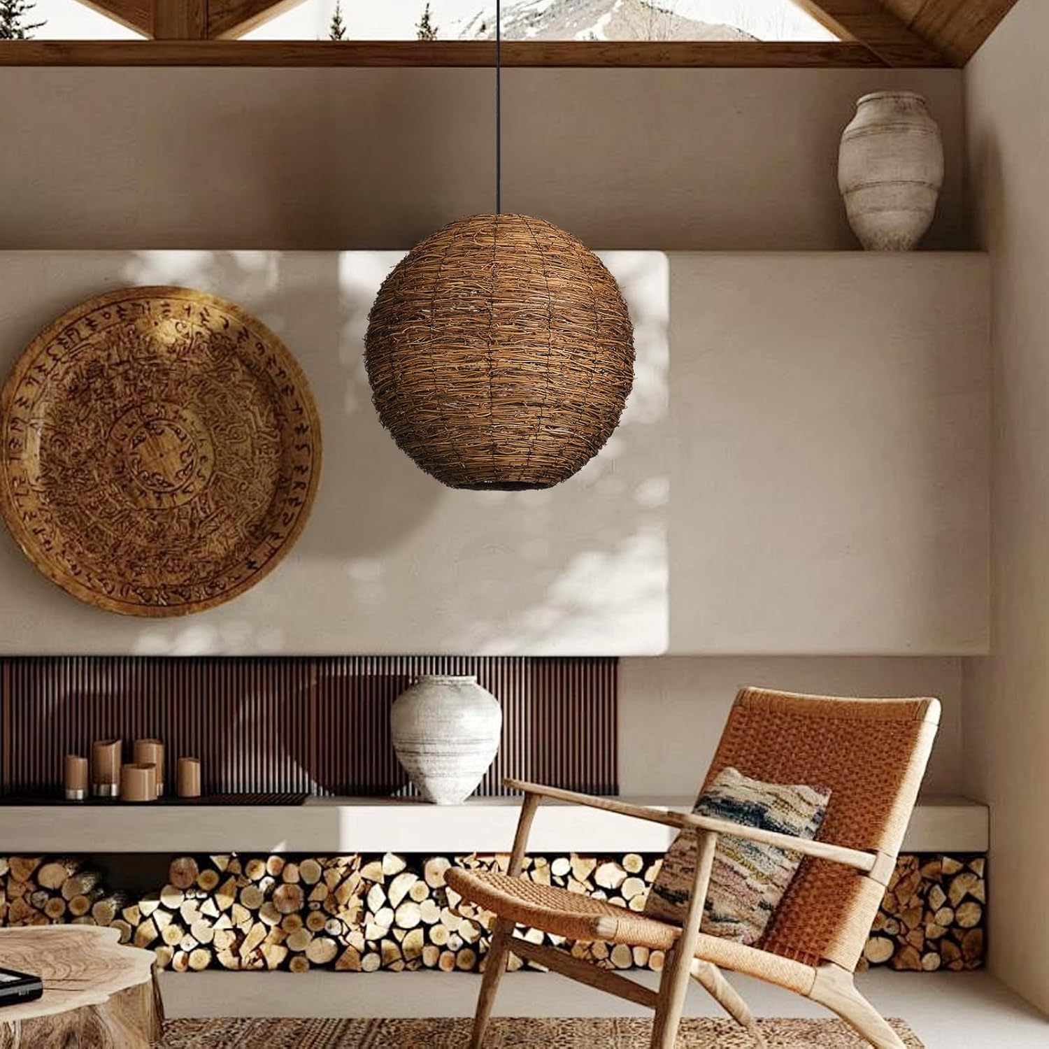 Arturesthome 19.65" Boho Round Rattan Woven Pendant Light for Kitchen Island,Vintage Pendant Light Rattan Chandelier for Bedroom Hallway Living Room Coffee