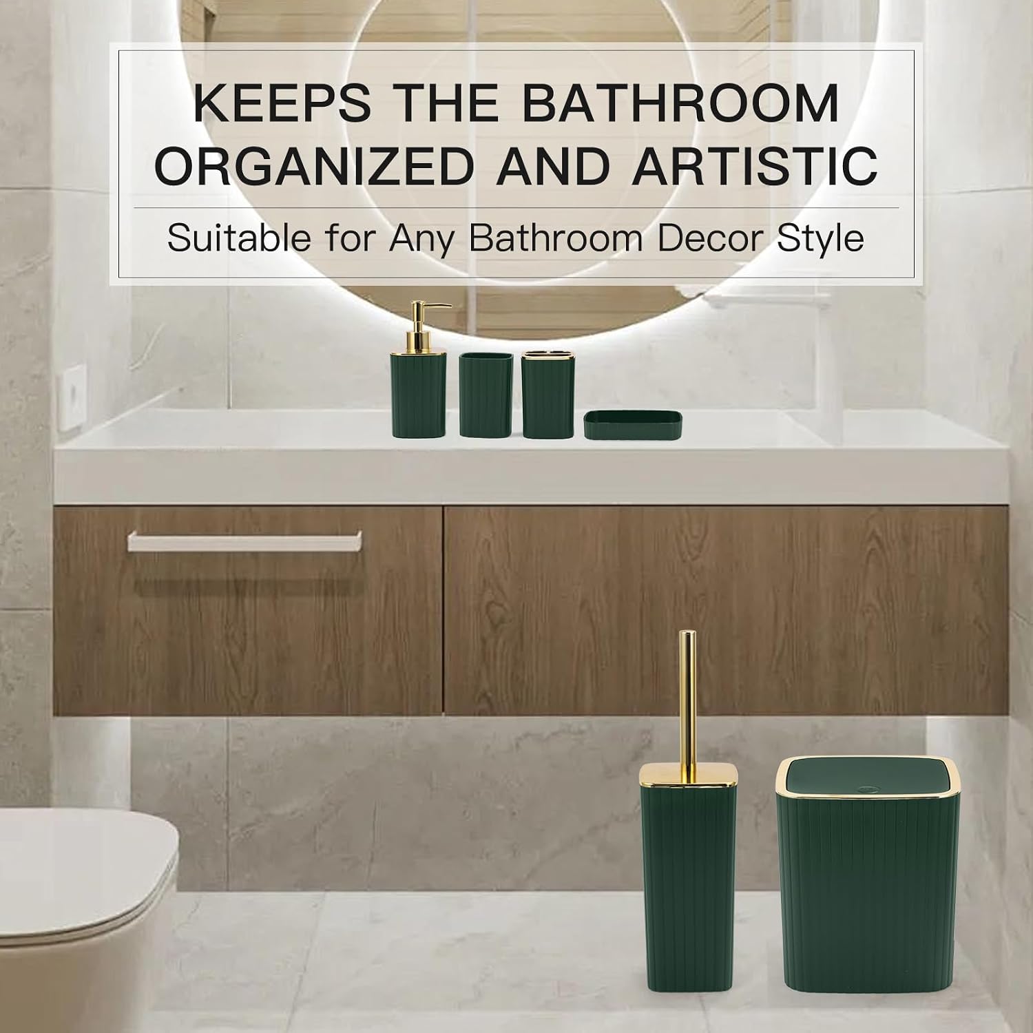 6PC Green Bathroom Accessory Set,Trash Can,Soap Dispenser,Toothbrush Holder | Plastic Bathroom Accessory Set for Modern Homes