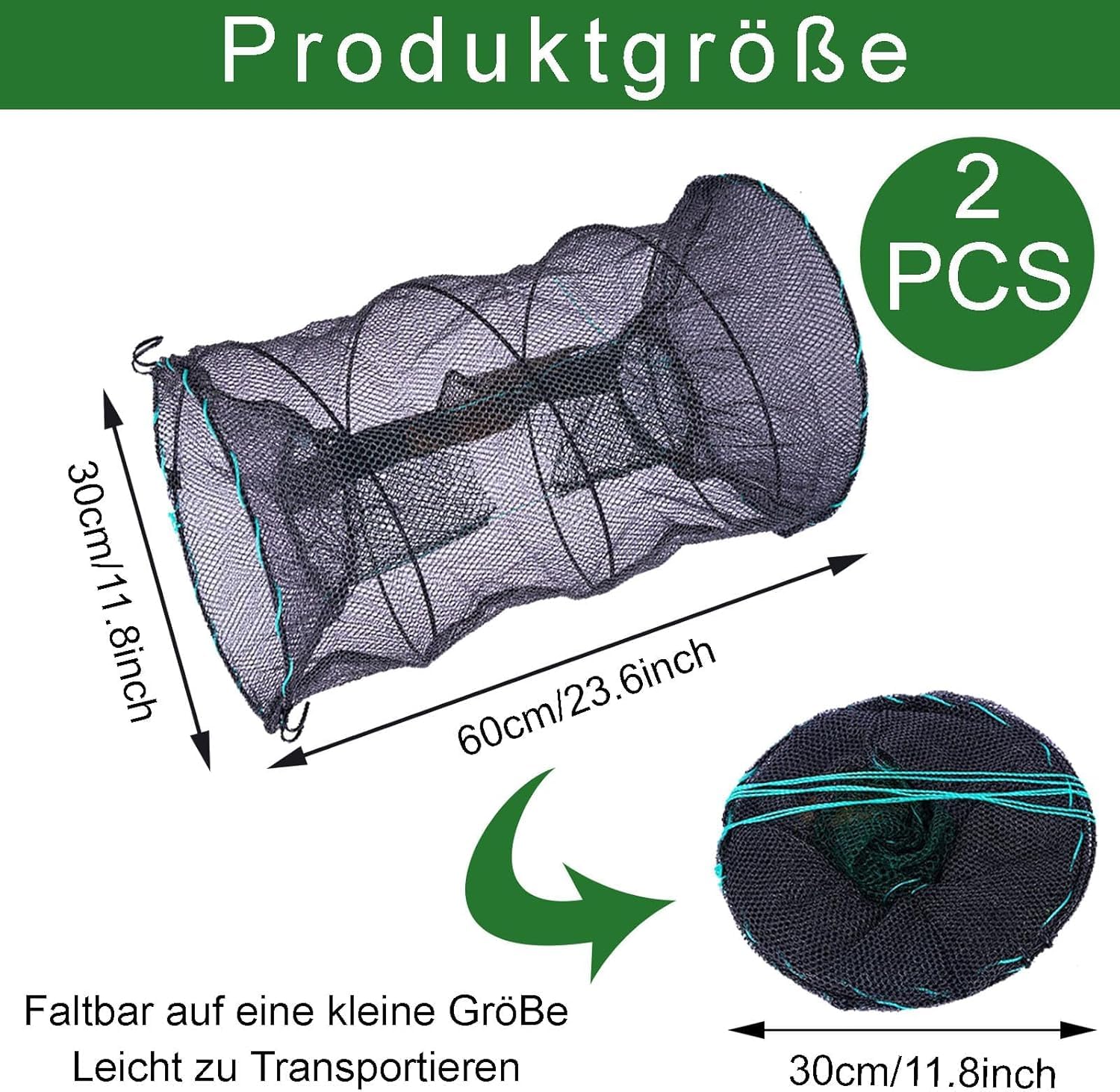2 Stück krebsreuse faltbar fischreuse Krebsreuse Trap Keepnet Angelkescherreusen für fischfang Aalreuse mit Futtertasche und Öffnung zur Fischentnahme Köderfischreuse für Fisch, Garnelen, Krabbe, Aalr
