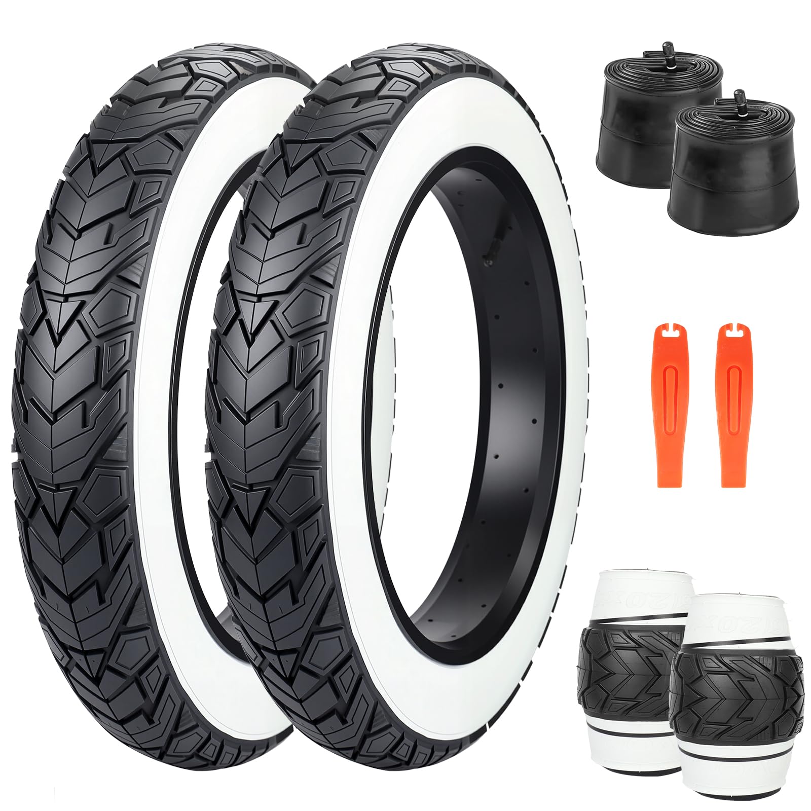 ZUKKA Fat Bike Tyre 20 x 4.0 Inch Mountain Bike Tyre Fat Tyre 20 Inch ETRTO 98-406 with 20 Inch Fat Bike Tube 20 x 4.0 AV35 mm Heavy Duty Deep Grooves Foldable Replacement All Terrain, White Wall