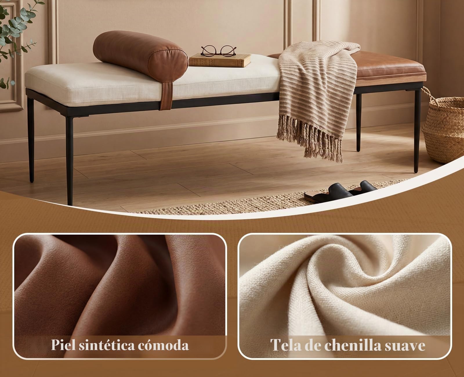 Ya-Home Banco Pie de Cama Daybed de Chenille 140x55x47 cm, Marrón | PU Cuero+Chenille,Estructura de Metal, Cojín Cilíndrico, Bandeja de Madera, Ideal para Dormitorio y Salón