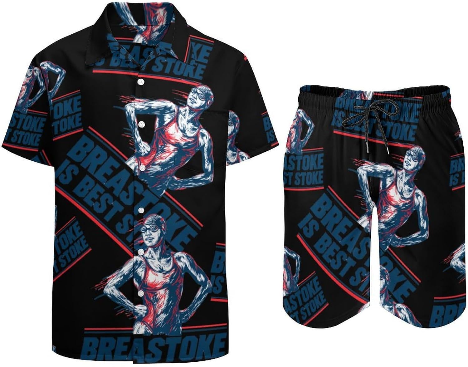 Funny Swimming Breaststroke Men's Summer Beach 2 Piece Outfits | hawaiian button down shirt and shorts,vacation cruise,mens bathing suit