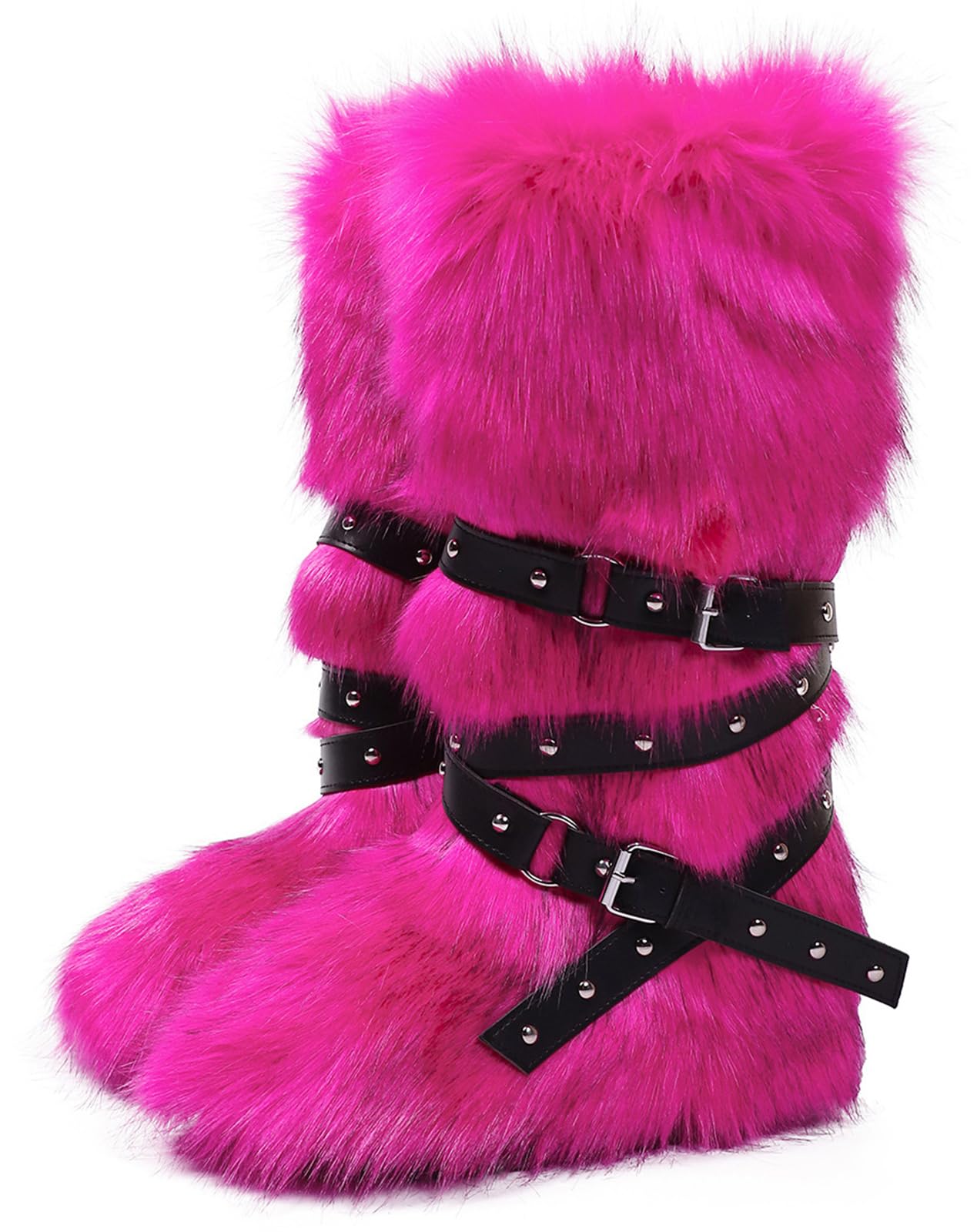 Y2K Thigh High Faux Fur Boots Women Tall Winter Plush Snow Boots Punk Buckle Studded Strap High Top