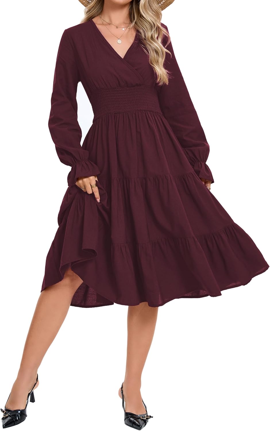 Women's 2026 Spring Dresses Long Puff Sleeve Crew Neck A Line Elastic Wasit Embroidery Formal Casual Midi Dress - Image 4