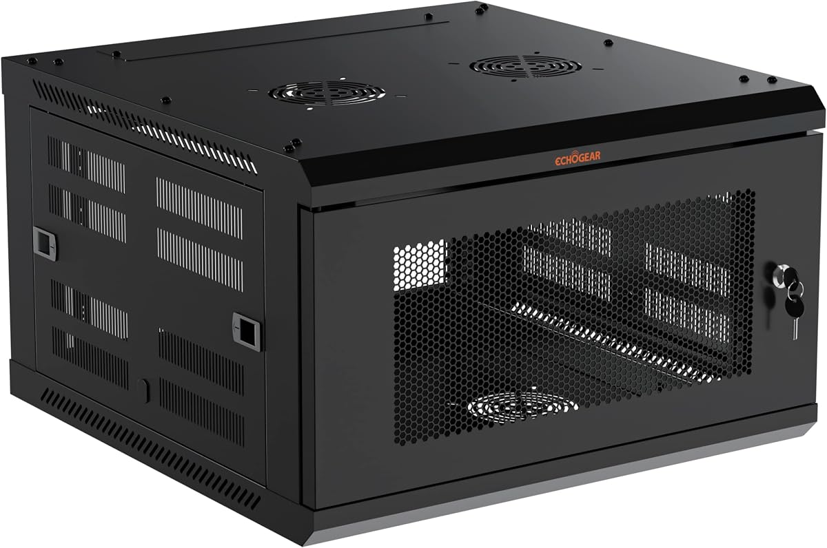 Rack de red ECHOGEAR 6U con diseño cerrado, fácil instalación, 600 mm de profundidad | El rack de servidores cerrado incluye ventilador premontado, 2 estantes de 1U, puerta con cerradura, diseño para montaje en pared y todo el hardware para la instalación.