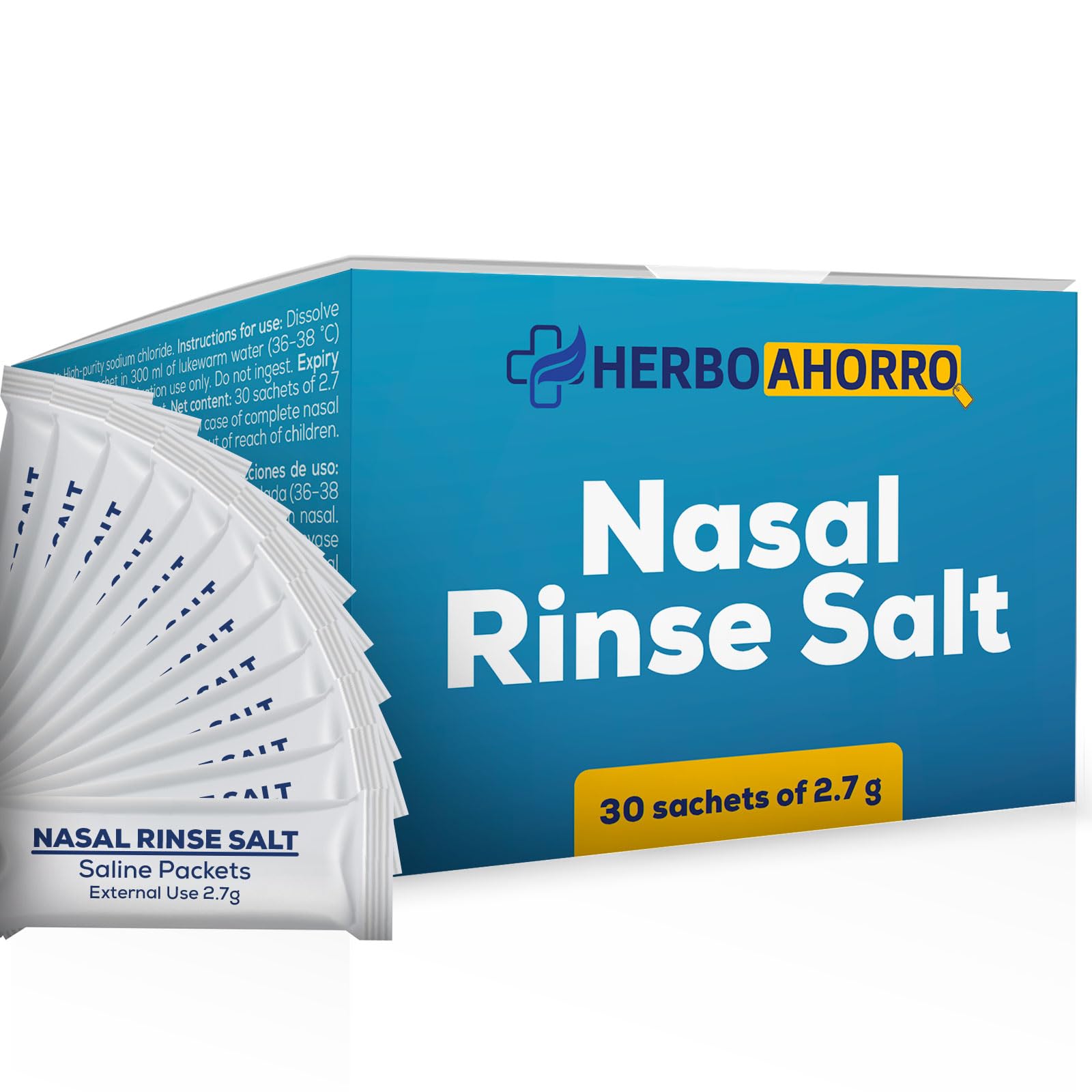 Sal para Lavado Nasal - Cloruro de Sodio Refinado para Irrigación Nasal - Limpieza Suave y Eficaz de VÃas Respiratorias - Disolución Fácil - 30 Sobres Individuales de 2,7 g. - HerboAhorro