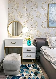 Rylan 45 * 600 Peel and Stick Wallpaper Gold and White Contact Paper Floral Wallpaper Self Adhesive Removable Wallpaper for Bedroom Covering Vinyl Rolls(White & Gold)