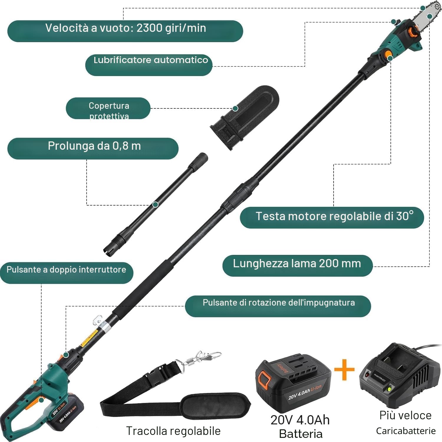 Potatore Telescopico, Sega Potatrice Elettrica, Sega ad Asta a Batteria, Batteria 20V 4Ah e Caricabatterie, Lama 20cm, Velocità Catena 5 m/s, Auto-Lubrificante, Testa Inclinabile, incl. Tracolla, 4 M