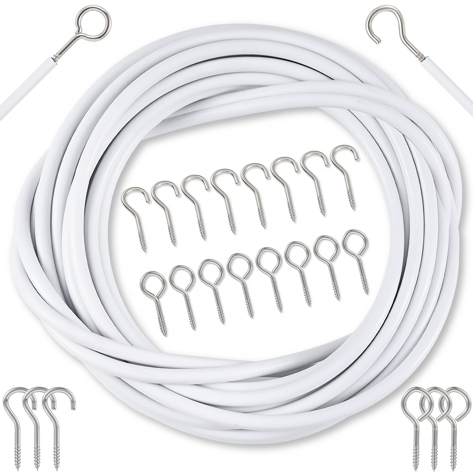 Yicole 30 Meters Net Curtain Wire with 60 Pieces Screw-in Hooks and 60 Eye Bolts for Curtans