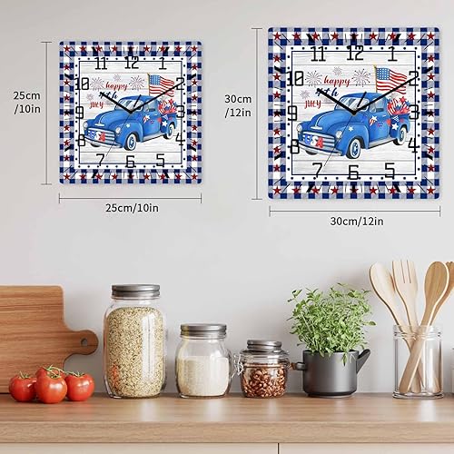 Miniatura 6 de Happy 4th of July Wooden Wall Clock Silent Non Ticking, Blue Truck American Flag on Wood Square Wall Clock Battery Operated, Decor Clock for Home
