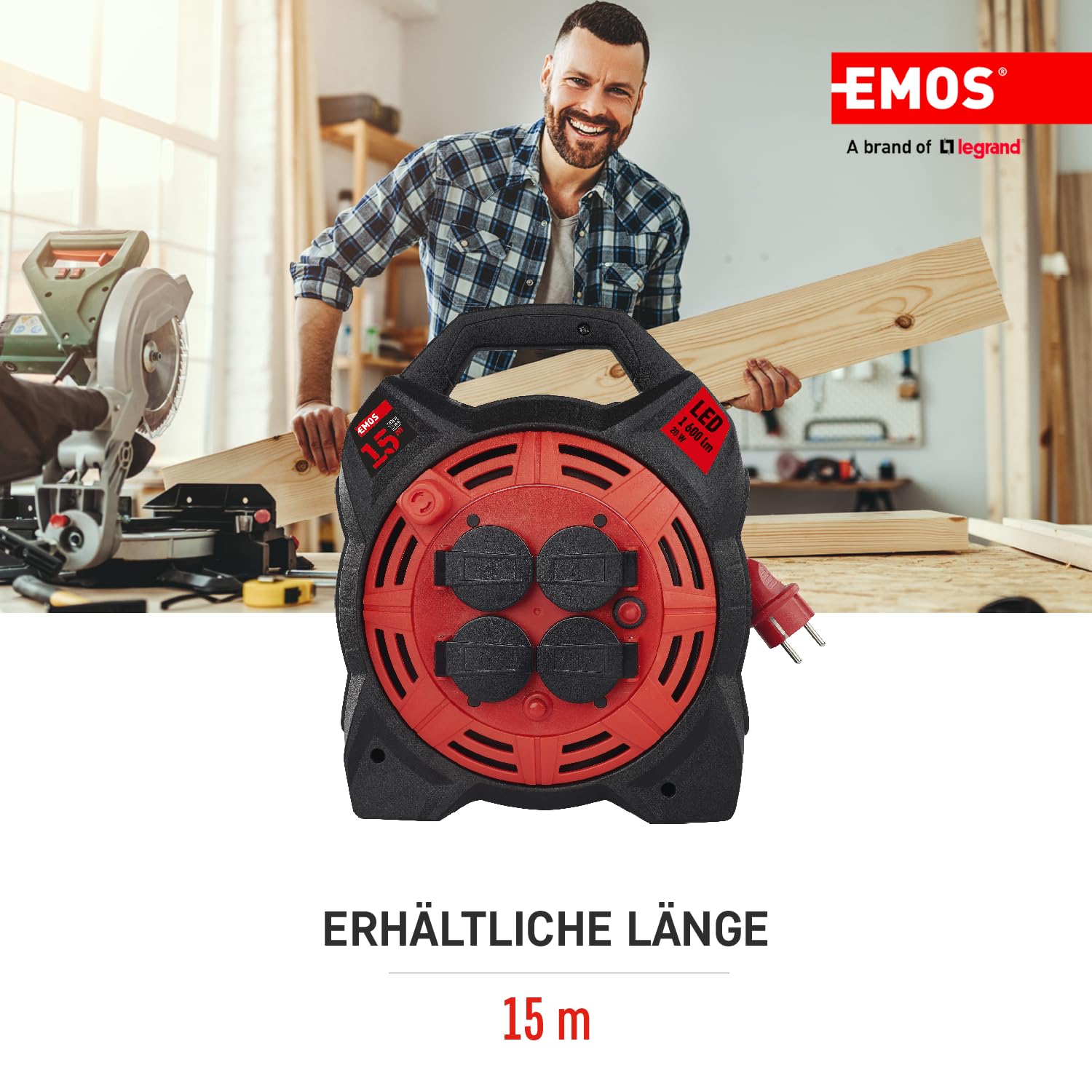 EMOS - Kabeltrommel 15m mit LED-Strahler - 4 Schuko-Steckdosen - wasserdicht, schlagfest, hitze- & kältebeständig - 230 V, 13 A, 3000 W - H07RN-F3G 1,5 mm2 - IP44 für Außenbereich