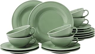 Seltmann Weiden Beat Color Glaze Teeservice 18-teilig | Brotteller (17 cm), Teetassen (140 ml) und Teeuntertassen (14 cm) für 6 Personen | Geschirr mit Rillenrelief | Porzellan | Salbeigrün