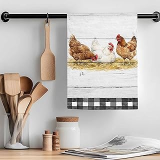 Hen Kitchen Towels 1Pcs, 18x26 Inch, Retro Country Straw Hen Wood Grain Black Plaid Soft Absorbent Dish Towels for Kitchen Bathroom Birthday Home Decor