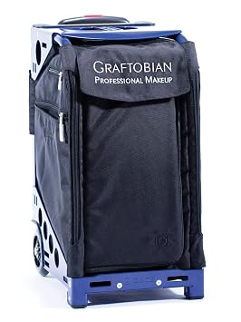 Zuca Pro Artist Wheeled Makeup Case - w/ 2 HD Super Palettes - Black Insert Bag in Navy Blue Frame with 5 Vinyl Bags and Travel Cover - Graftobian Professional