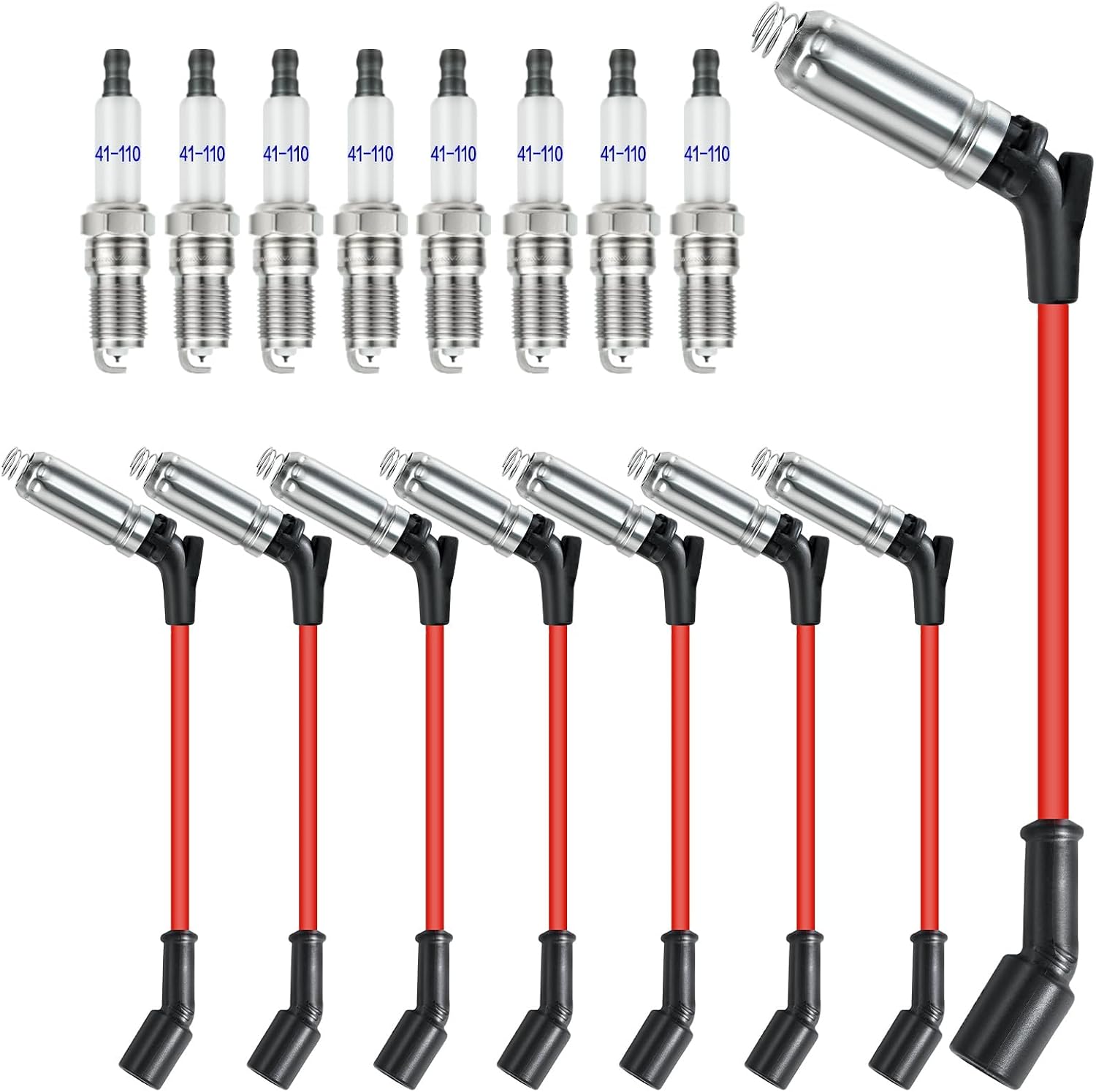 41-110 Iridium Spark Plugs and 48322 Spark Plug Wires Compatible with 5.3 6.0L 6.2L Chevy GMC Silverado Suburban Avalanche Cadi-llac Escalade Yukon Sierra V8 LS Truck (Pack of 8)