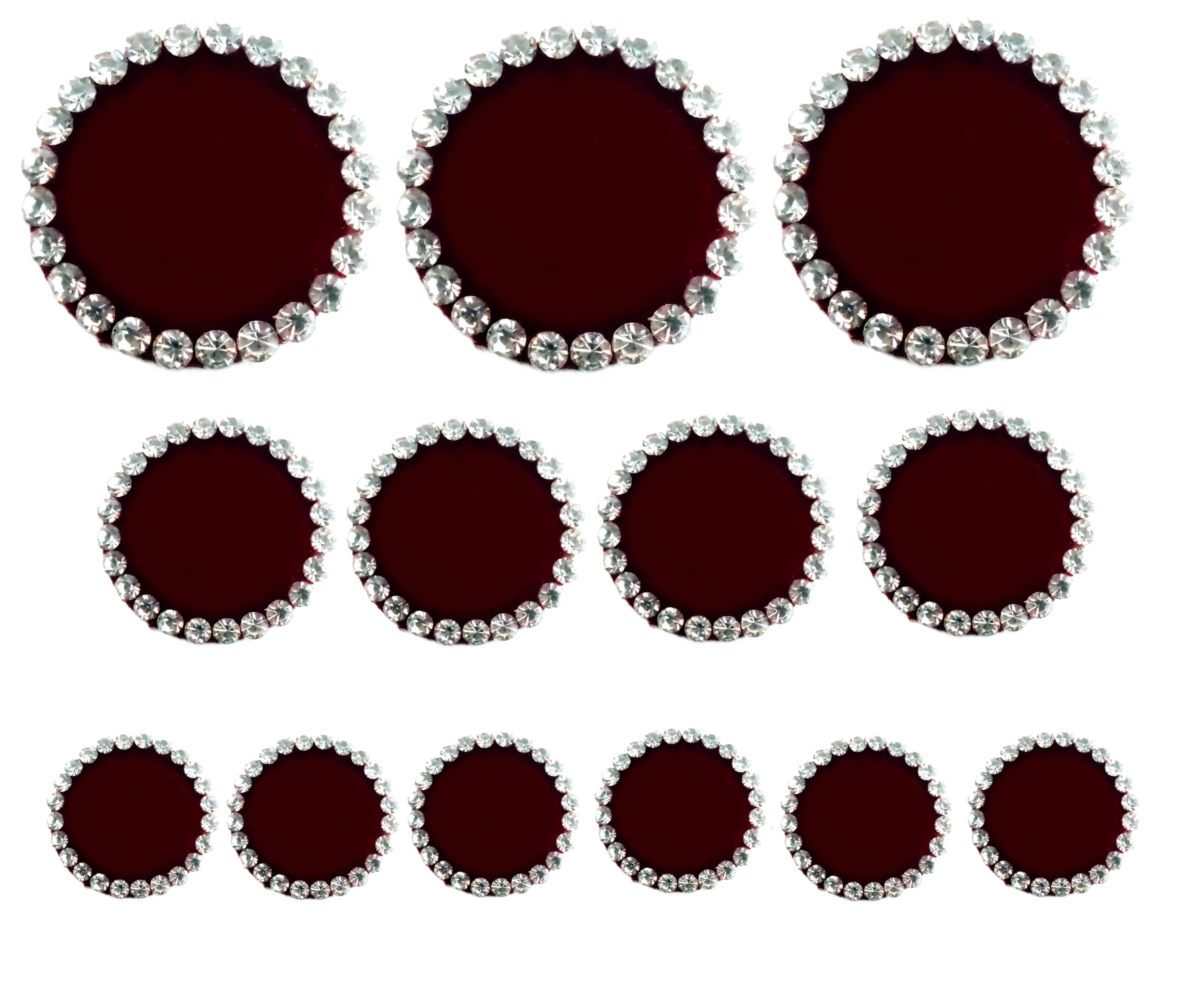 Large Bindi With Stone Outline Rhinestone Bindis Big Size Round Tikka (Maroon) 14Mm, 12Mm, 10Mm