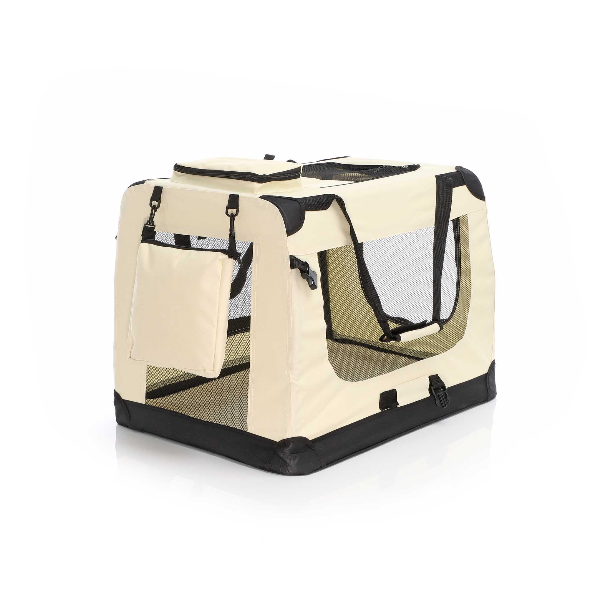 Fudajo Caisse de Transport - Taille L / 70 x 52 x 50 cm/Charge Max 15 kg - Couleur Beige - Pliable - avec Poignée Couverture - Cage boîte de vovage pour Chient Chats Animaux domestiques