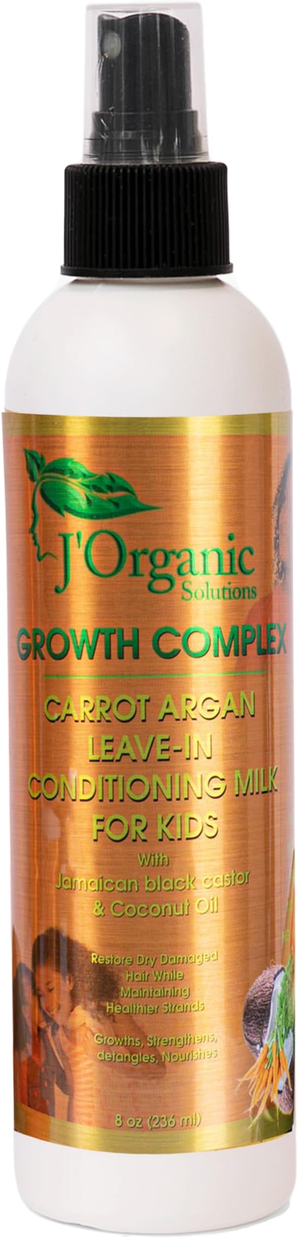 J'Organic Solutions Kids Carrot & Argan Leave-In Detangler with Jamaican Black Castor & Coconut Oils, detangler for curly hair, Revitalize & Sustain Healthy Hair