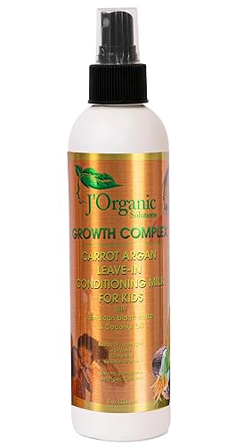 J'Organic Solutions Desenredante sin enjuague de zanahoria y argán para niños con aceite de ricino negro jamaicano y coco, desenreda para cabello