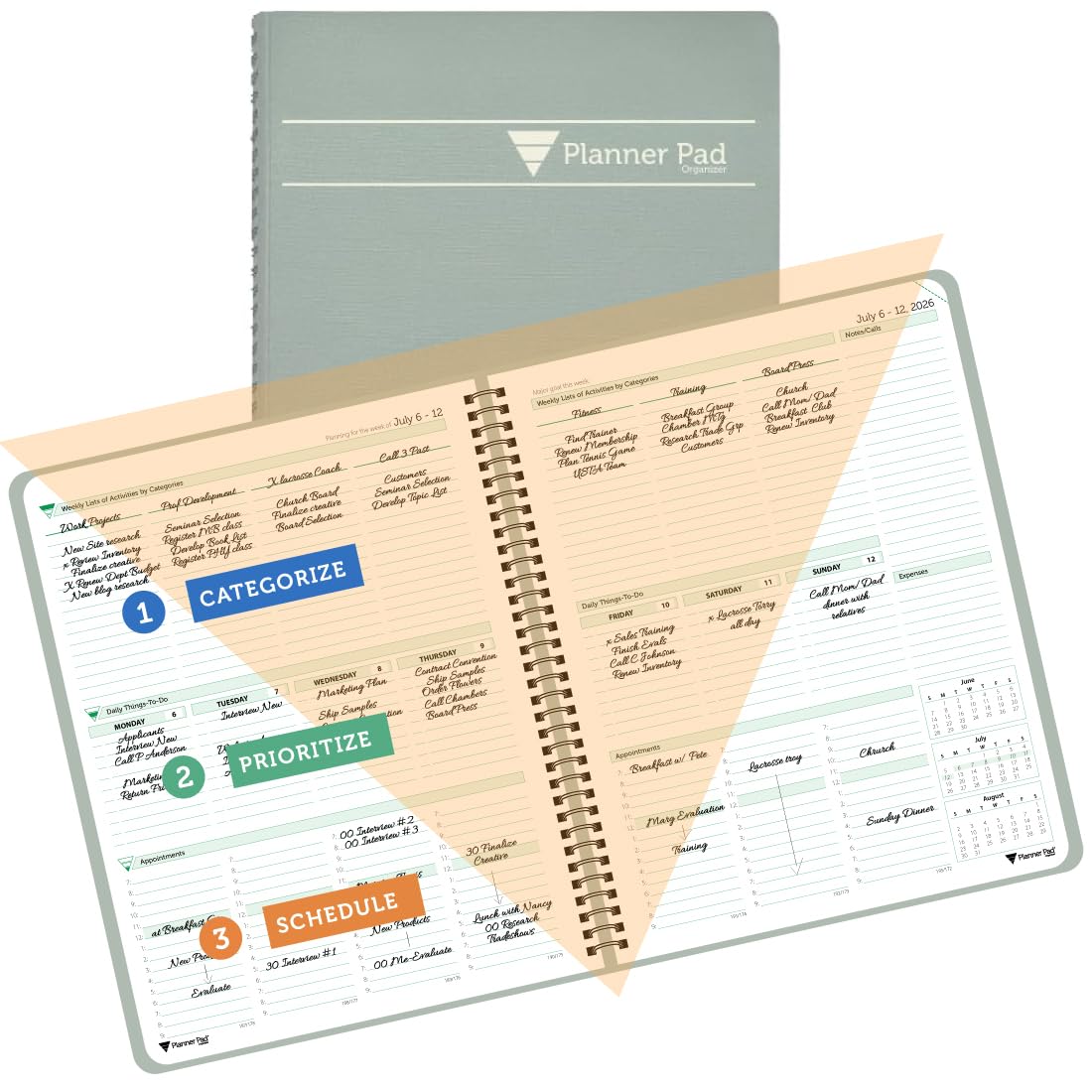 Planner Pad Organizador de tamaño grande de embudo de 3 niveles con espiral para 12 meses, julio de 2026 a junio de 2027/año académico, cubierta gris verdoso/tinta verde suave, 8 1/2 x 11 pulgadas