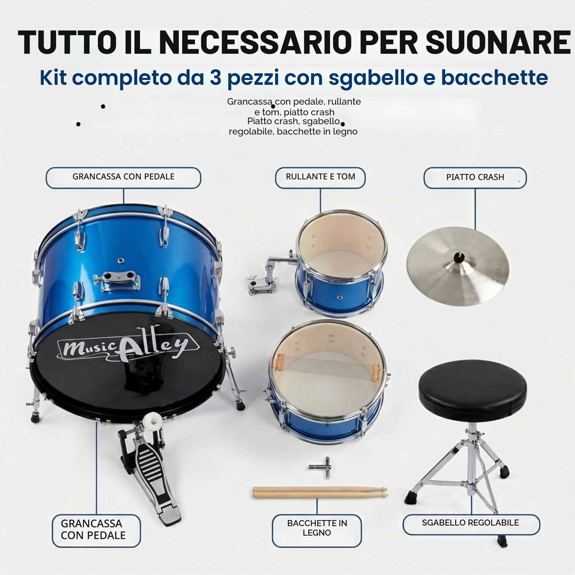 Batteria Music Alley Junior con sgabello e bacchette