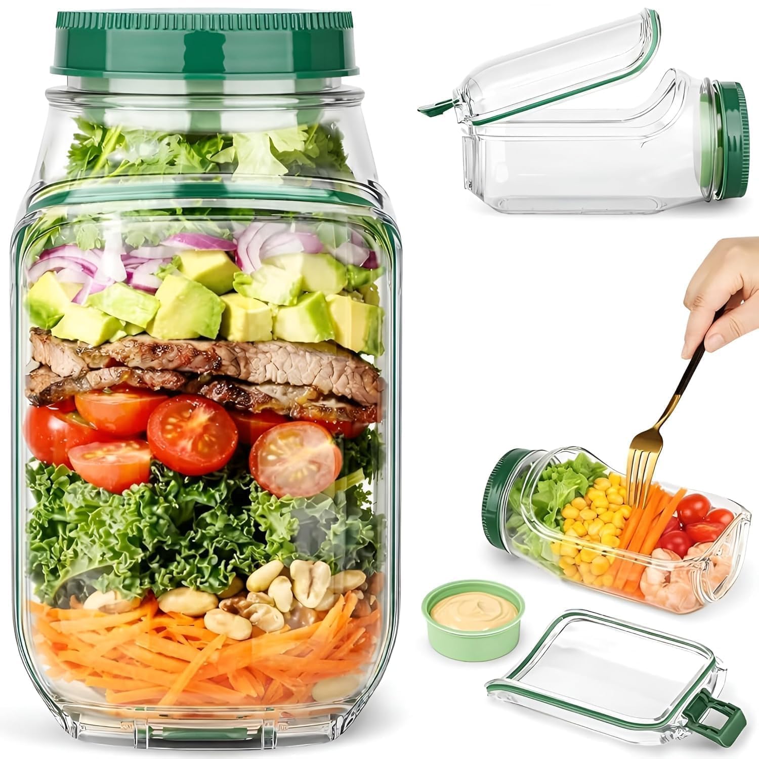 LIGHTNIING HAMMERZ Salad Pod Side Open Jar with Leak-Resistant Dressing Compartment | Portable Salad Container for Lunch, Office, Travel & Outdoor Use | Freezer & Dishwasher Safe