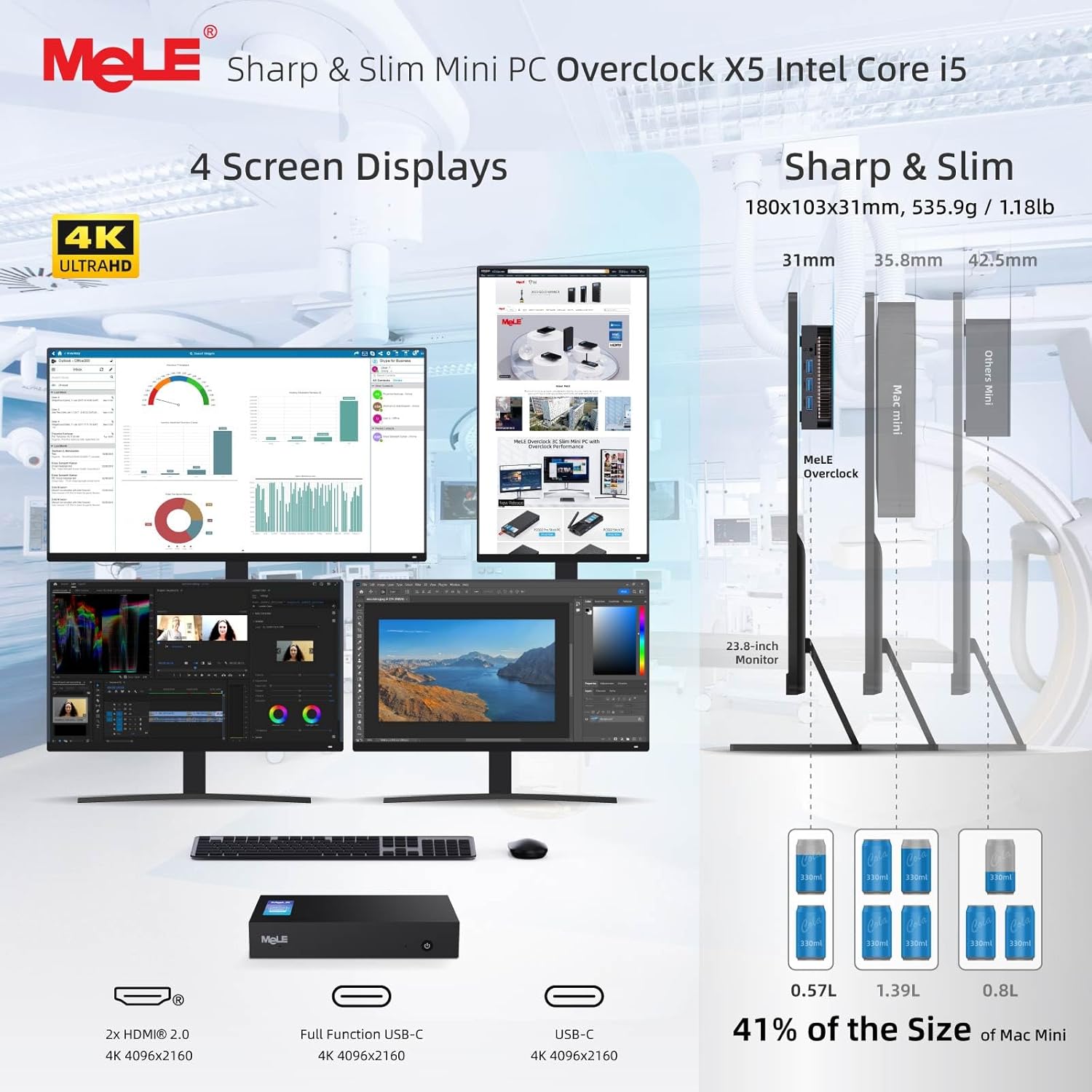 MeLE Overclock X5 Core i5-12450H (8C/12T, up to 4.4GHz) Ultrathin Mini PC 16GB DDR4 512GB SSD, Mini Desktop Computer with 2x HDMI + 2x USB-C 4K Quad Display, Dual LAN 1G+ 2.5G LAN, 2.4/5GHz WiFi BT5.2 - Image 3