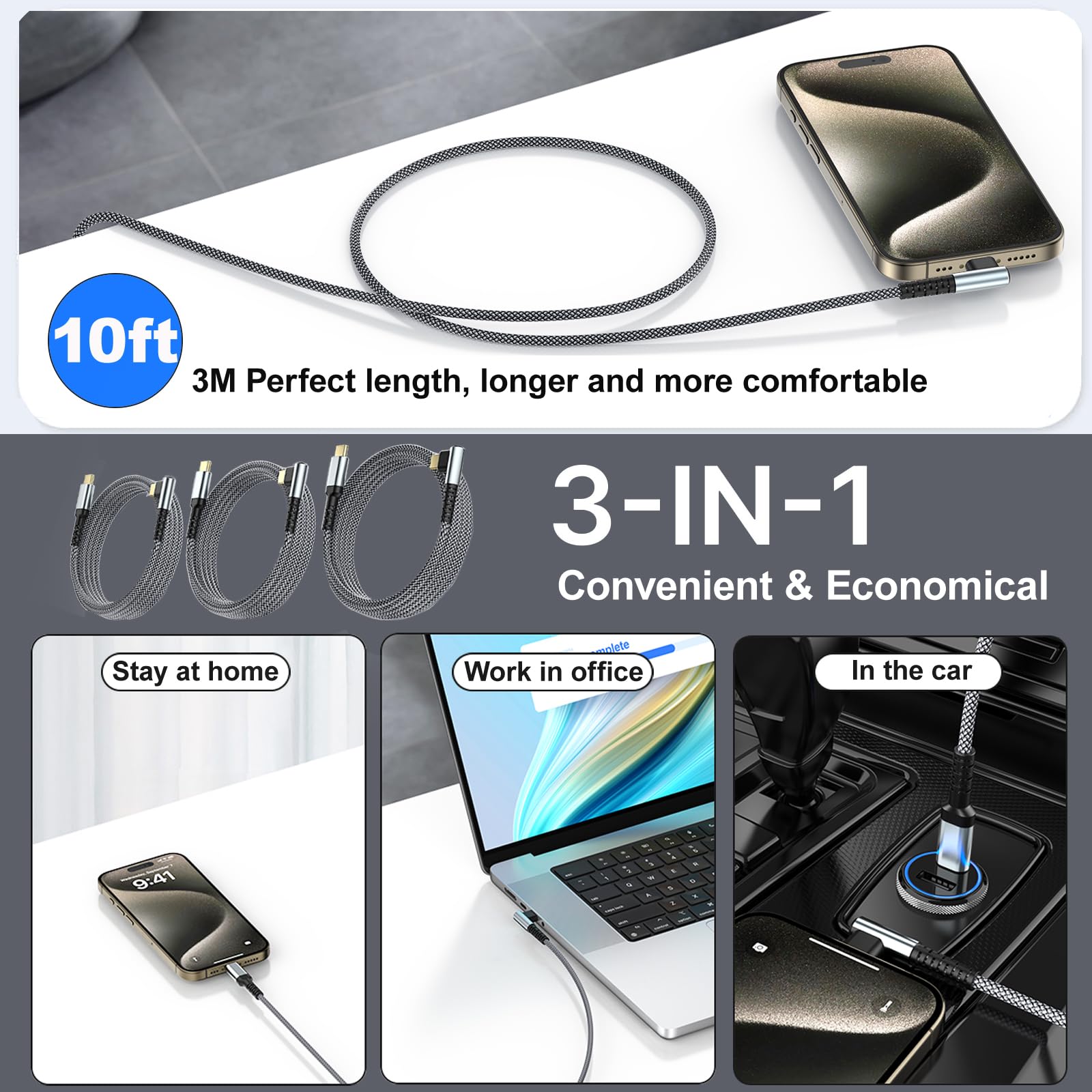 Confezione da 3 cavi da USB C a USB C da 60 W, cavo di ricarica rapida intrecciato da tipo C a tipo C, cavo di ricarica ad angolo retto da USB C a USBC per iPhone 17, 16, 15 Pro Max Plus, Galaxy S25