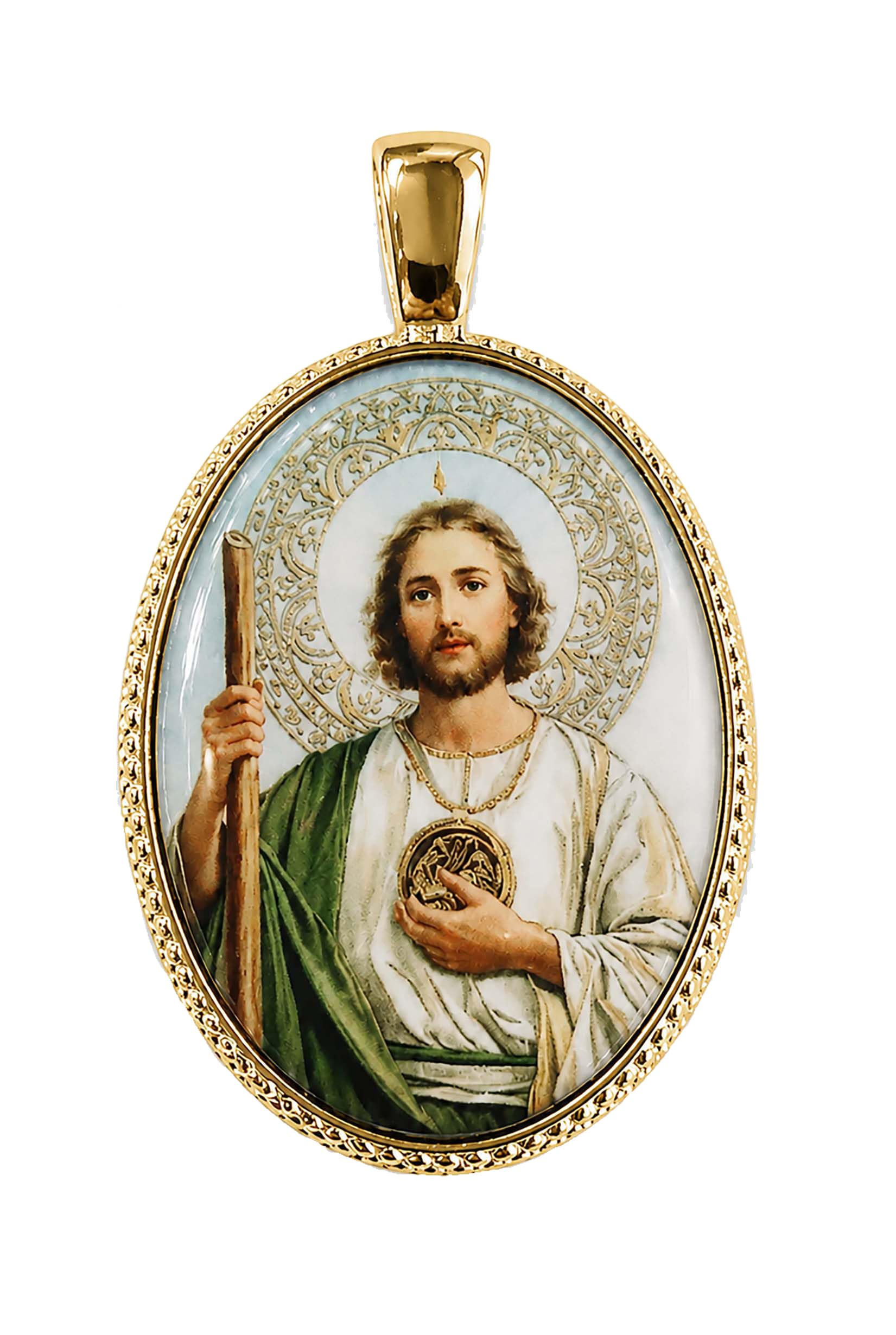 Medalla Oval de San Judas Tadeo en Plata de Ley Chapada en Oro, 18 x 24 mms