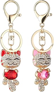 A Pair of Red & Pink Cute Cat Kitten Bling Crystals Rhinestone Key Chain Keyring Holder Handbag Charm