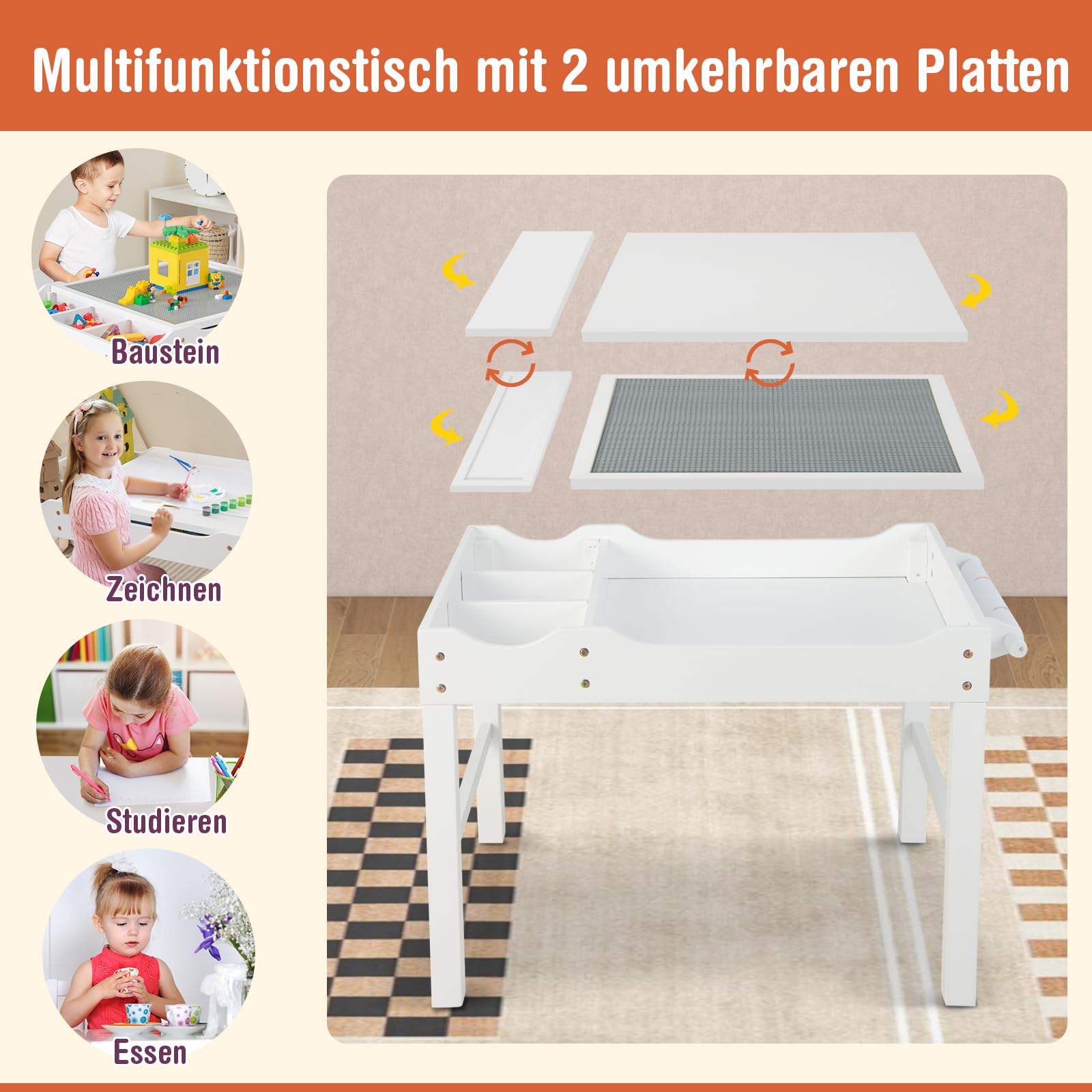 COSTWAY 2 in 1 Kindertisch mit umkehrbarer Tischplatte, Spieltisch aus Kiefernholz mit Stauraum, Seiternstange & Papierrolle, Aktivitätstisch Legotisch für Kinder ab 3 Jahre (Weiß)
