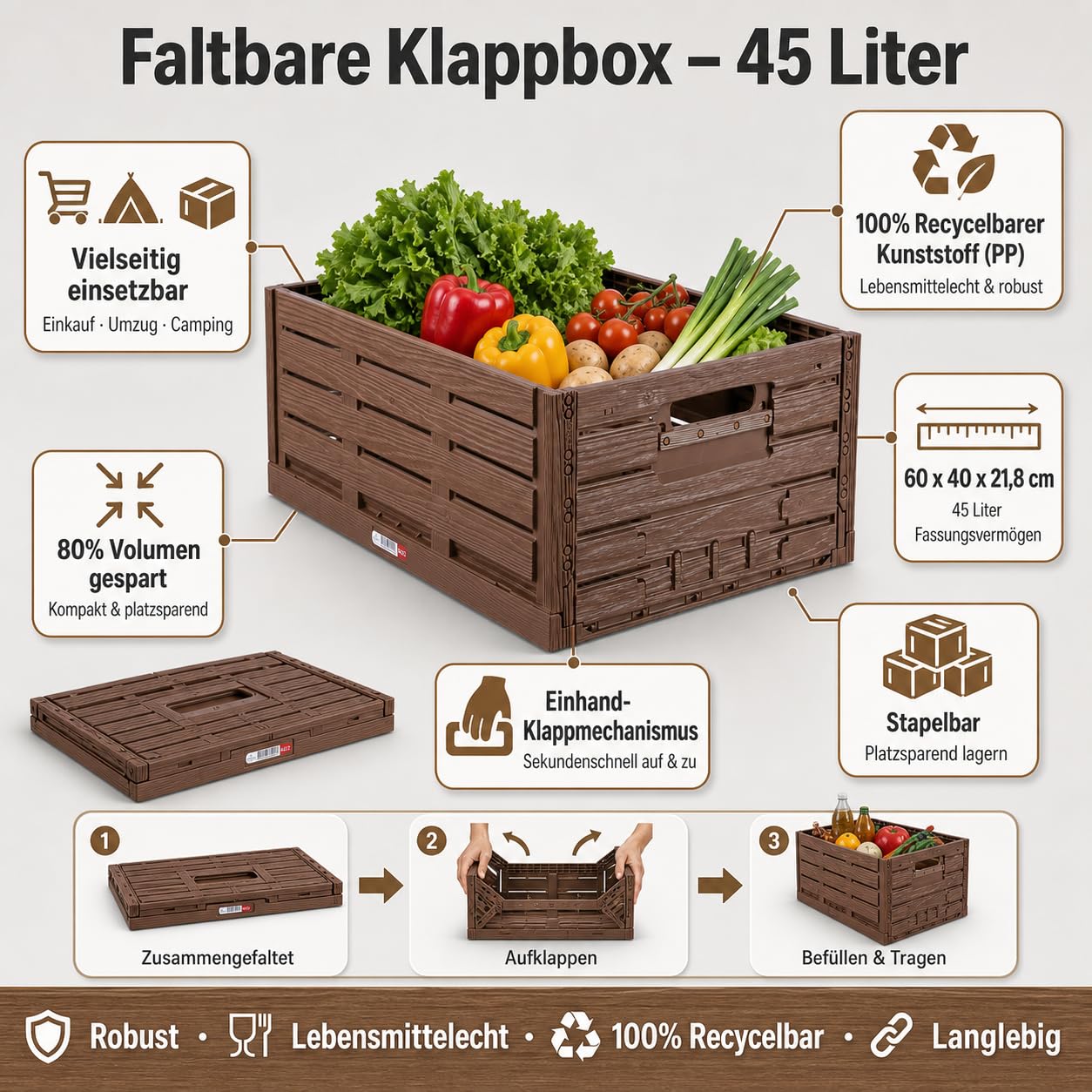 Bestlivings Caja plegable 60x40x21,8cm 45L - Pack 3 unidades plástico | Caja plegable apilable, cesta de la compra, caja de plástico, caja de verduras, caja de frutas, maletero