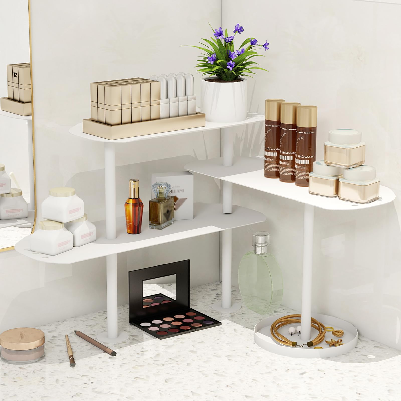 STWWO Kitchen Countertop Organizer 3 Tier Adjustable Corner Shelf, White