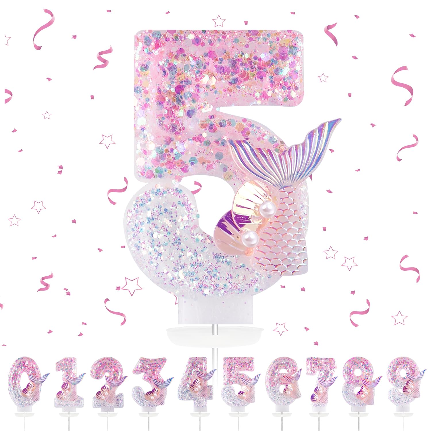 Bougies d'anniversaire Numéro 5, 3D Rose Bougie Chiffre 5, Sirènes Décoration Gâteau Anniversaire