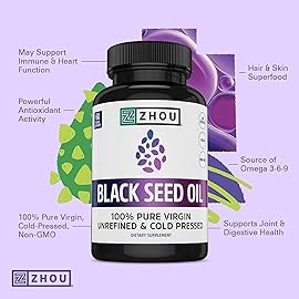 ZHOU Black Seed Oil Capsules - Black Cumin Seed Oil Cold Pressed, Nigella Sativa, Pure Unrefined Blackseed, Premium Supplement for Health, Hair & Skin w/Thymoquinone - 60 Capsules (Pack of 2)