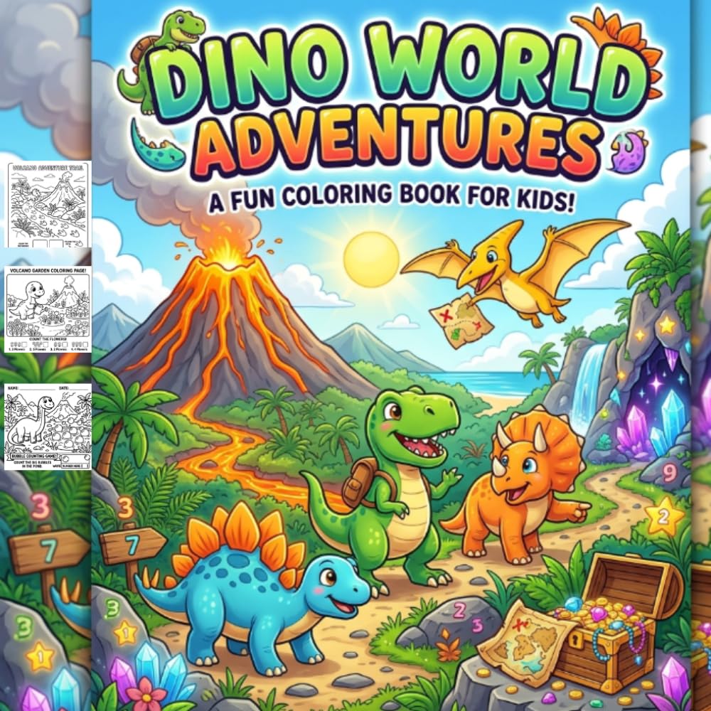 Dino World Adventures: Volcano Treasures, Crystal Caves, and Fun Dinosaur Coloring Activities for Kids