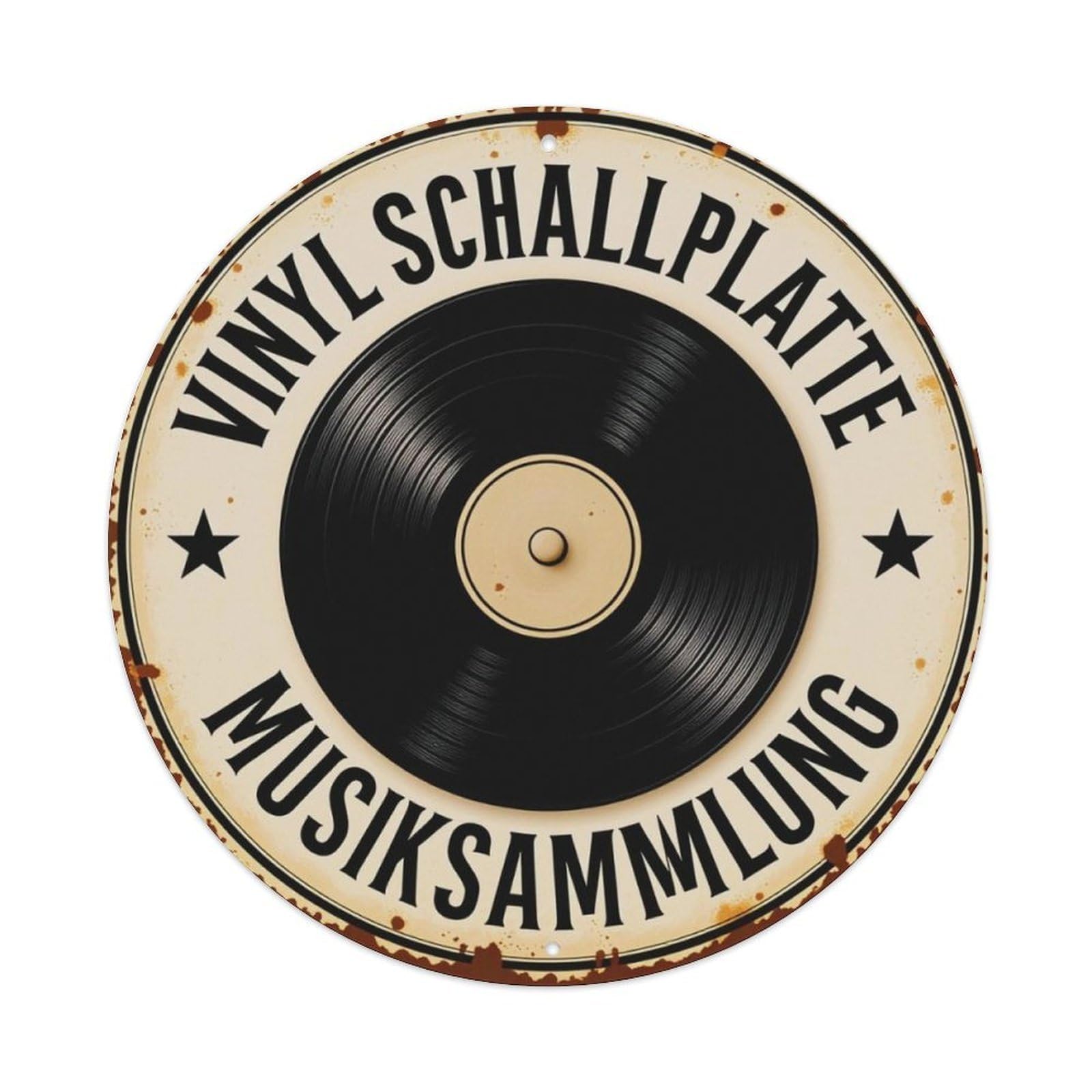 Vintage Rust Vinyl Record German Music Collection Round Sign Vintage Aluminium Metal Sign, Retro Wall Decor for Home, Bar, Garage & Farmhouse 20x20cm