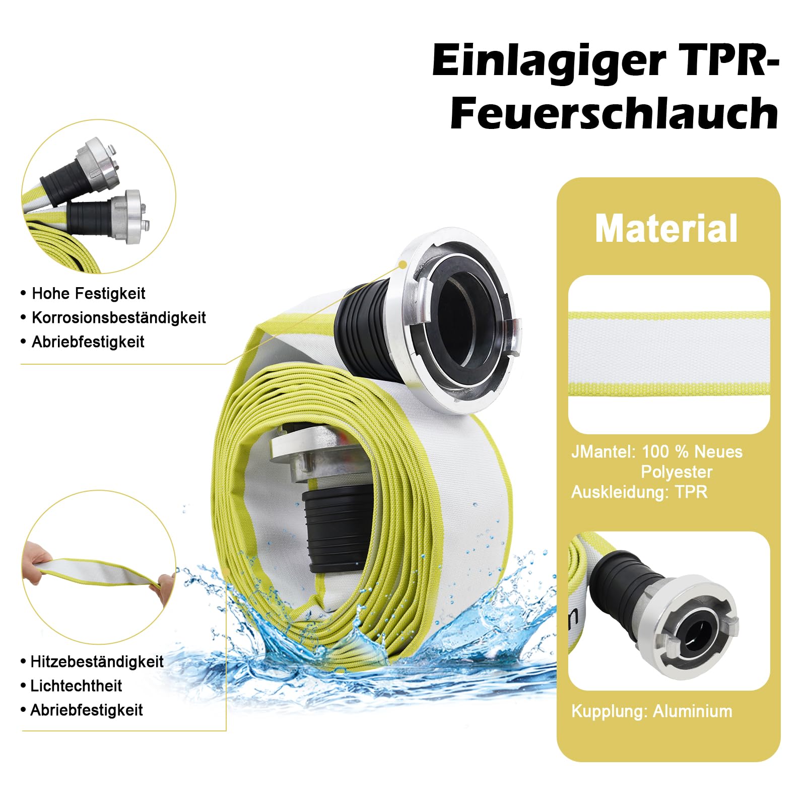 ZYfire Feuerwehrschlauch 52mm x 10m | 2 Zoll Feuerschlauch mit C-Storz Kupplung | flexibler Wasserschlauch für Feuerwehr Industrie und Garten | Flachschlauch mit 10 Bar Betriebsdruck | TPR-Innenfutter
