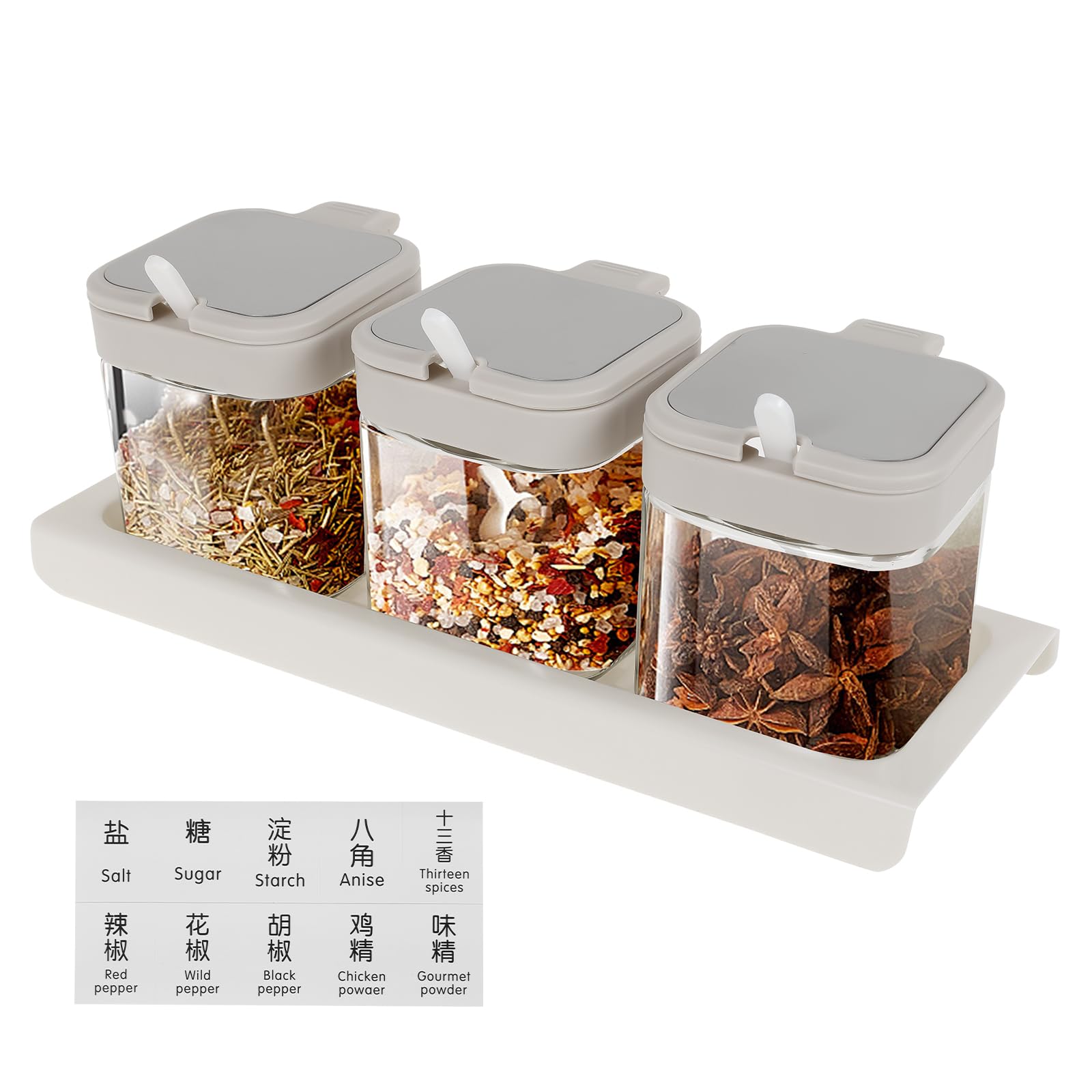 QINGLANG Glass Spice Jars with Lids and Spoon Clear Glass Condiment Jar with Tray Seasoning Jars for Spice Storage Canisters Sets for Kitchen,Salt Container,Sugar Pot,Coffee,Tea(White)