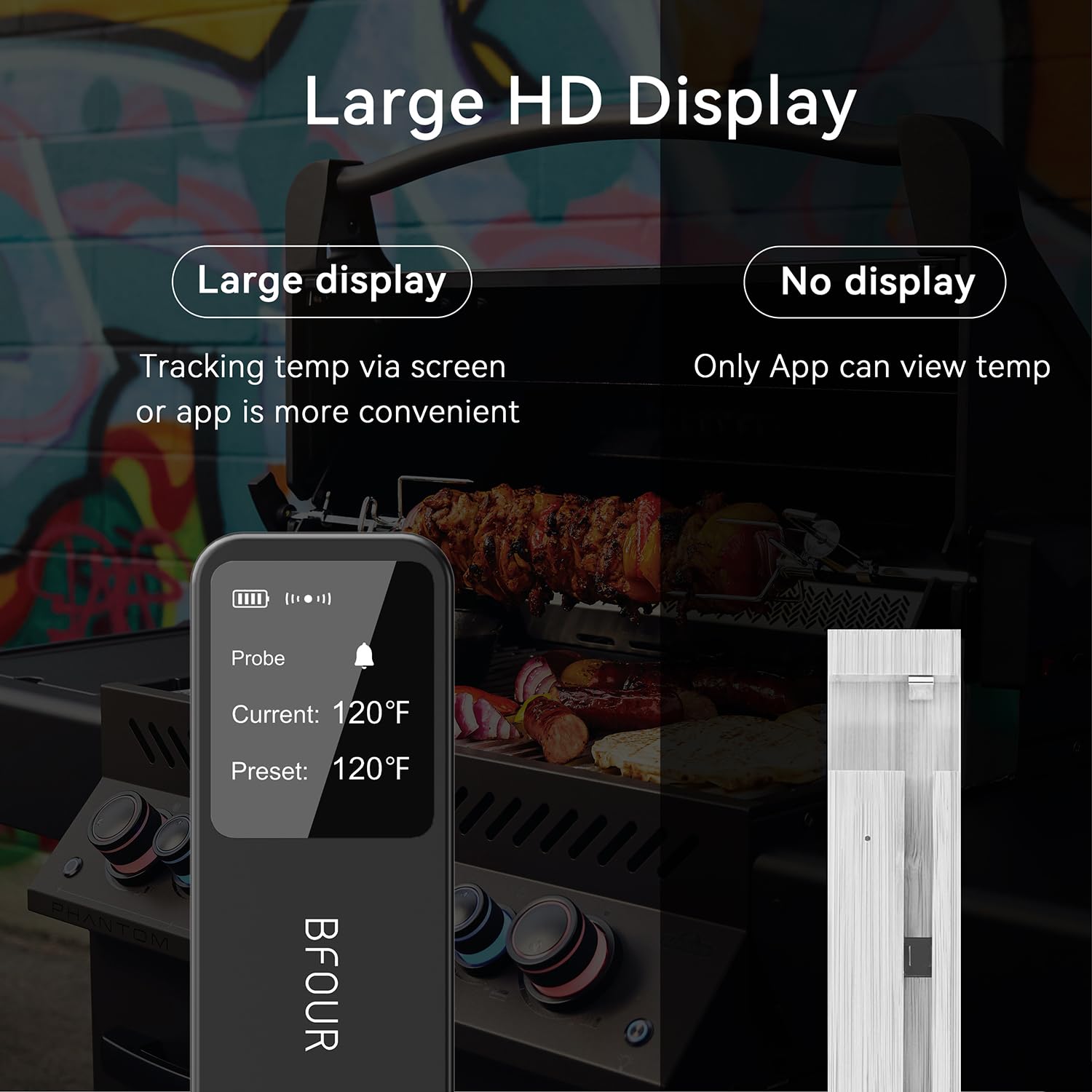 BFOUR BF-30 PRO Thermomètre à viande sans fil, écran LCD, Bluetooth, portée de connexion par application, 100 % étanche, intérieur et extérieur, pour barbecue, four, fumage, rôti, rôti