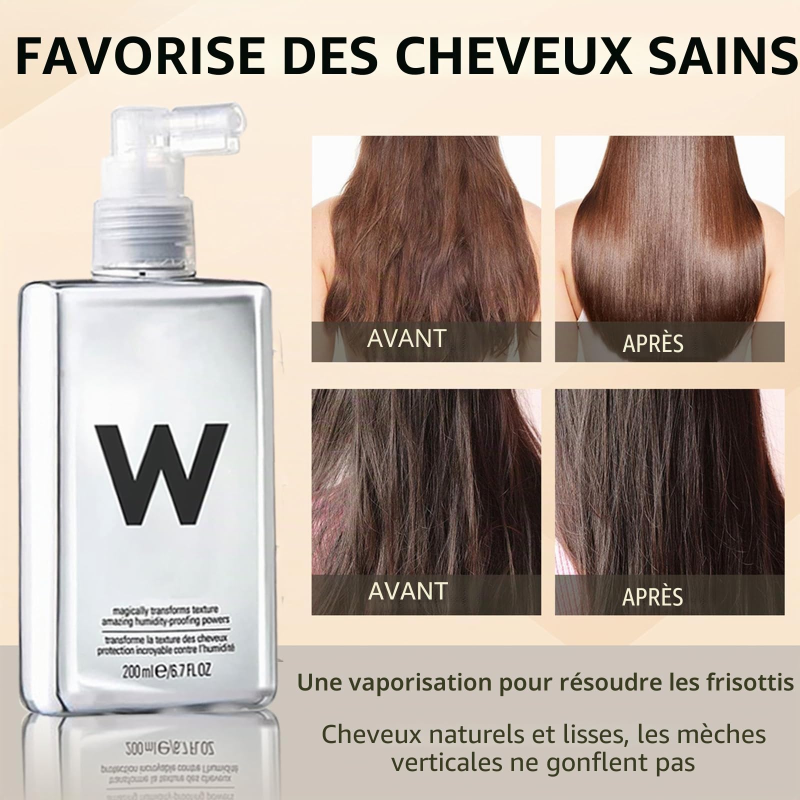 Spray anti-frisottis pour tous les types de cheveux, cheveux super lisses, protection contre la chaleur, spray brillant pour cheveux souples, 200 ml