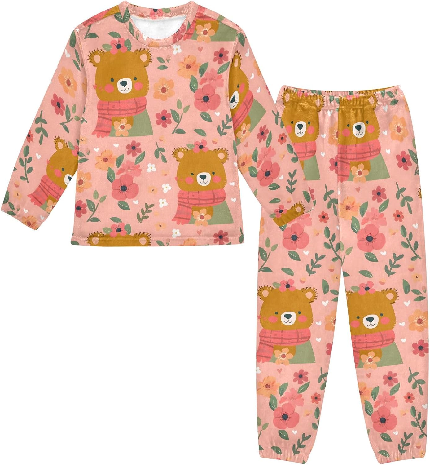 Kids Flannel Sets Cute Bear with Scarf and Flowers Warm Plush Relaxed Clothing for Boys and Girls