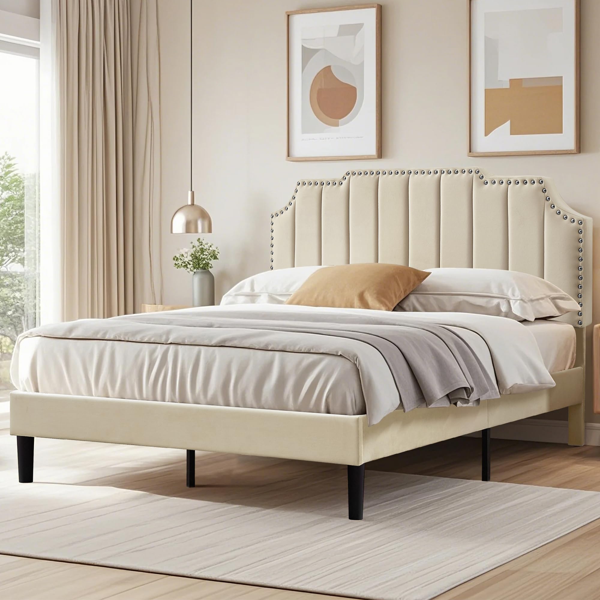VECELO Queen Size Bed Frame Upholstered Platform with Tufted Adjustable Headboard/Mattress Foundation/Wood Slat Support,Easy Assembly,Beige