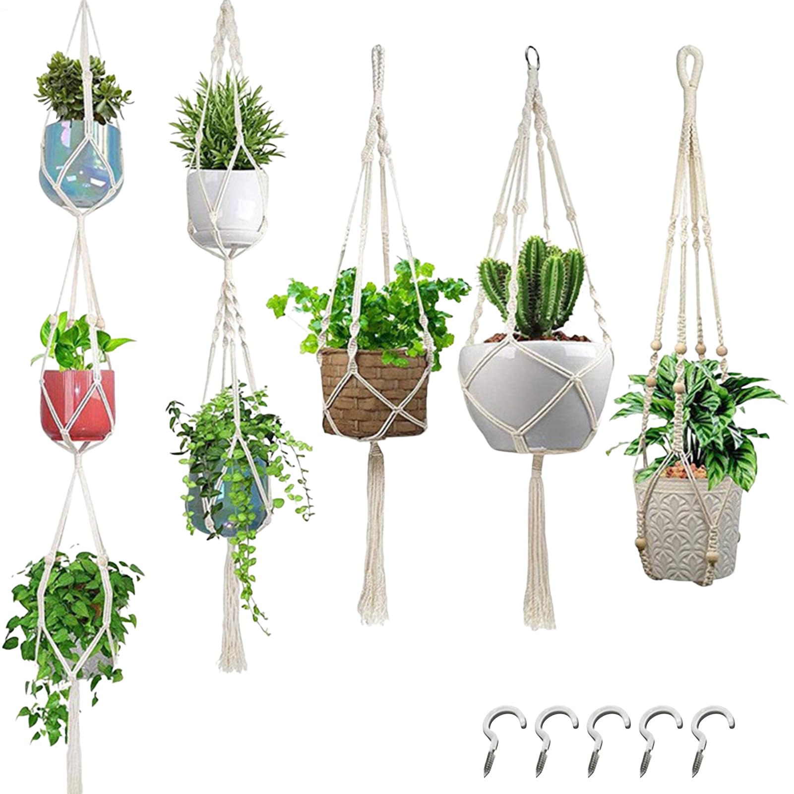 Portavasi Appesi in Macramè Set Di 5 In Stile Boho | Portavasi Per Vasi Da Fiori Da Interno Per Soffitto Parete Appendere Piante Grasse