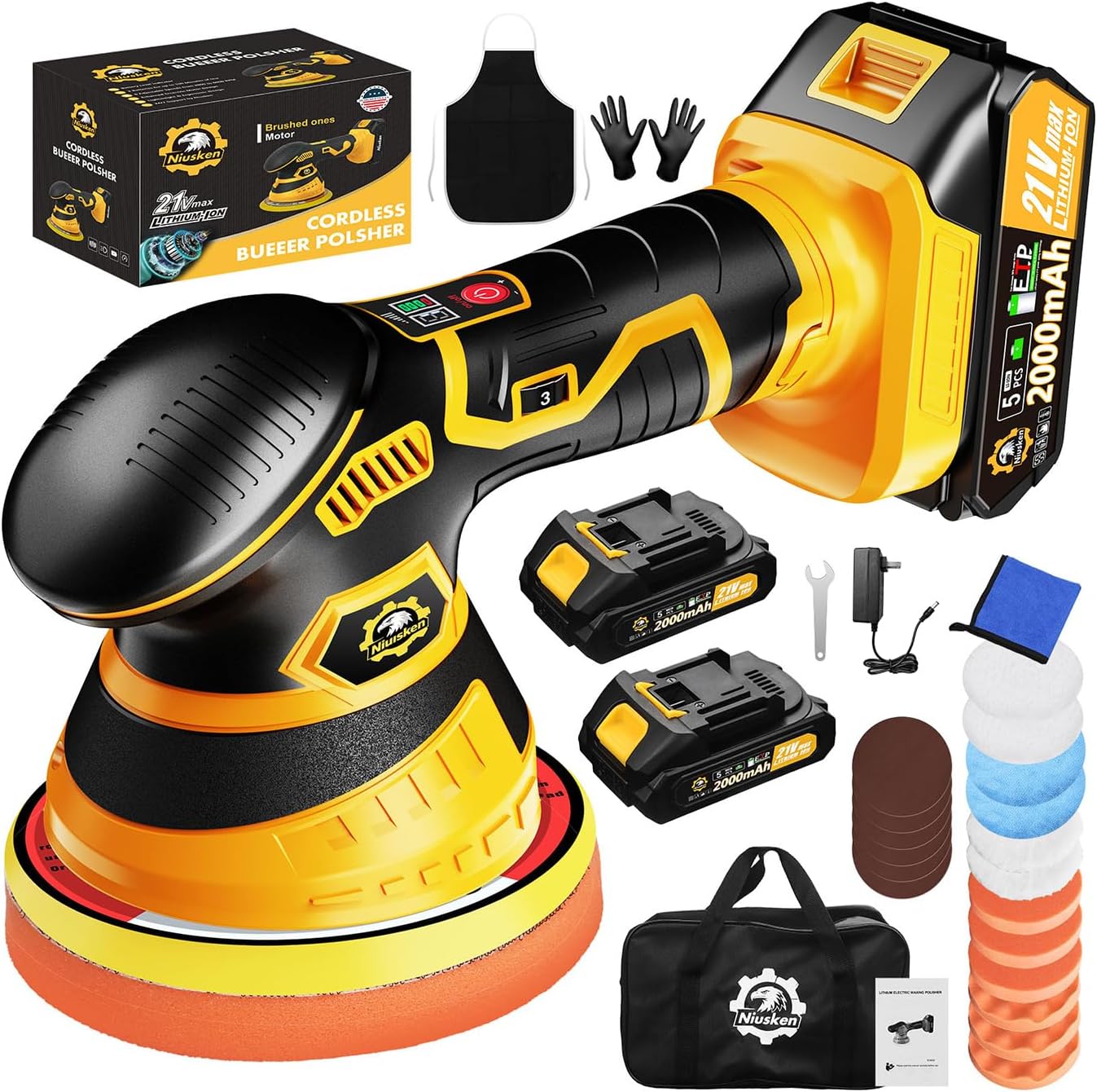 Cordless 21V Buffer Polisher Kit for Car Polish – 6-Inch Car Buffer with 2×2000mAh Batteries, 6 Speed Settings & 18 Accessories – Powerful Polisher for Car Detailing & Waxing Yellow