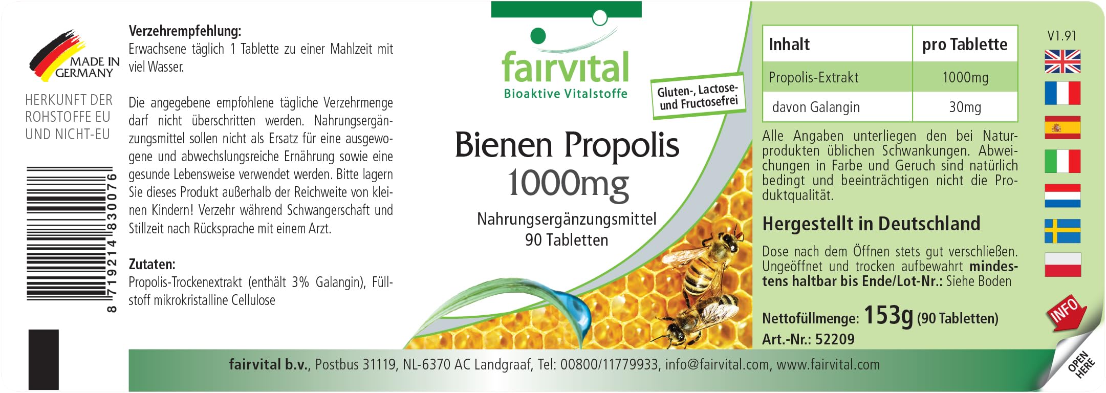 fairvital Bienen Propolis 1000mg, Natürliches Bienenharz Extrakt, Mit 3% Galangin, HOCHDOSIERT, 90 Tabletten