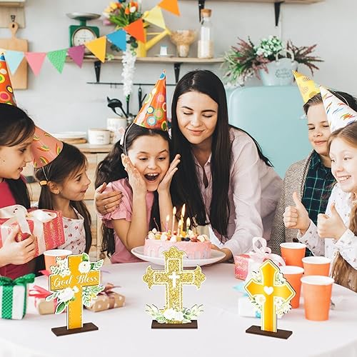 Miniatura 5 de ANGOLIO 3 piezas de cruz de madera con purpurina floral dorada que Dios bendiga centros de mesa extraíbles para fiesta cristiana, decoración de