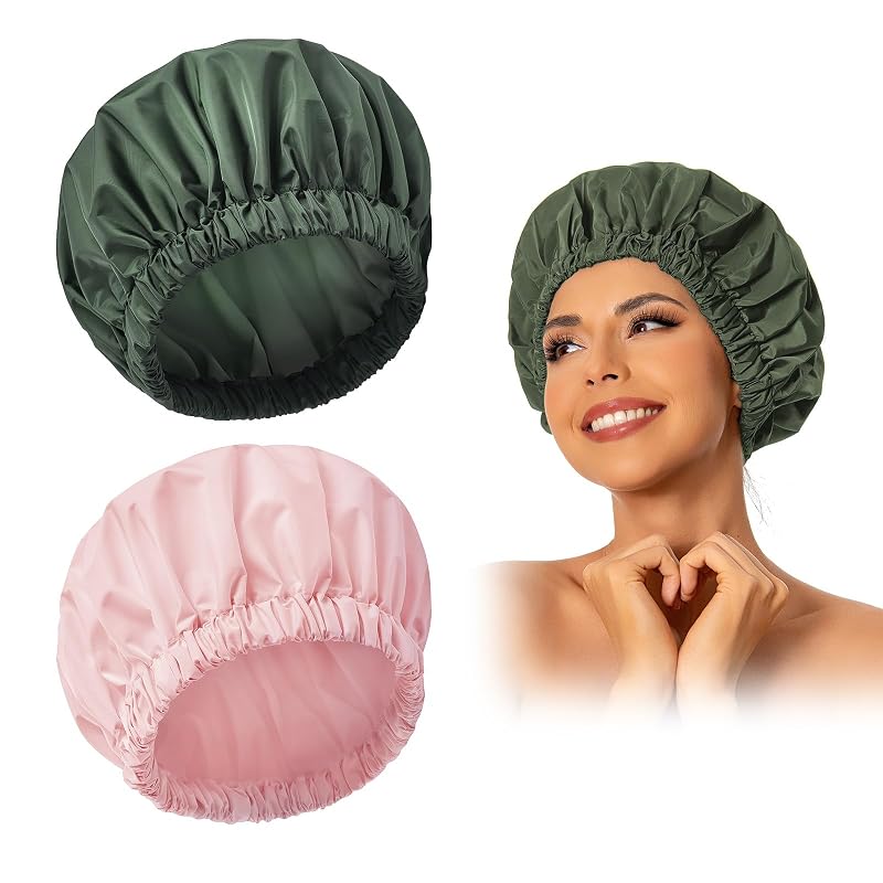 Touca de banho reutilizável Edoneery em poliéster com elástico, modelo YM001-Pink&Green
