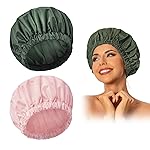 Reusable Shower Cap for Women, Large Waterproof Shower Essentials Bonnet Washable Elastic Band Bath Hair Wrap Hat for Long Hair, Braids(Pink&Green)