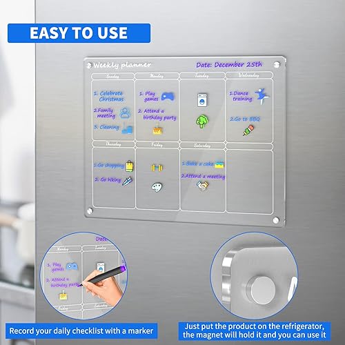 Miniatura 18 de AITEE Calendario mensual y semanal magnético acrílico para refrigerador, juego de 2 calendarios transparentes de borrado en seco para refrigerador